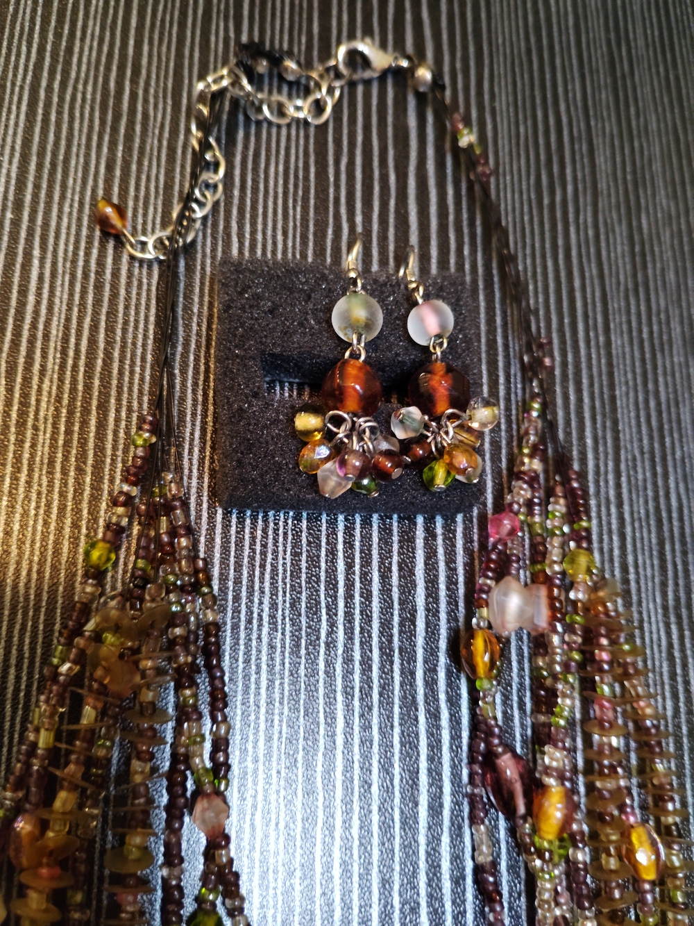 Multi-Color Beaded Necklace and Earring Set - Brown & Olive